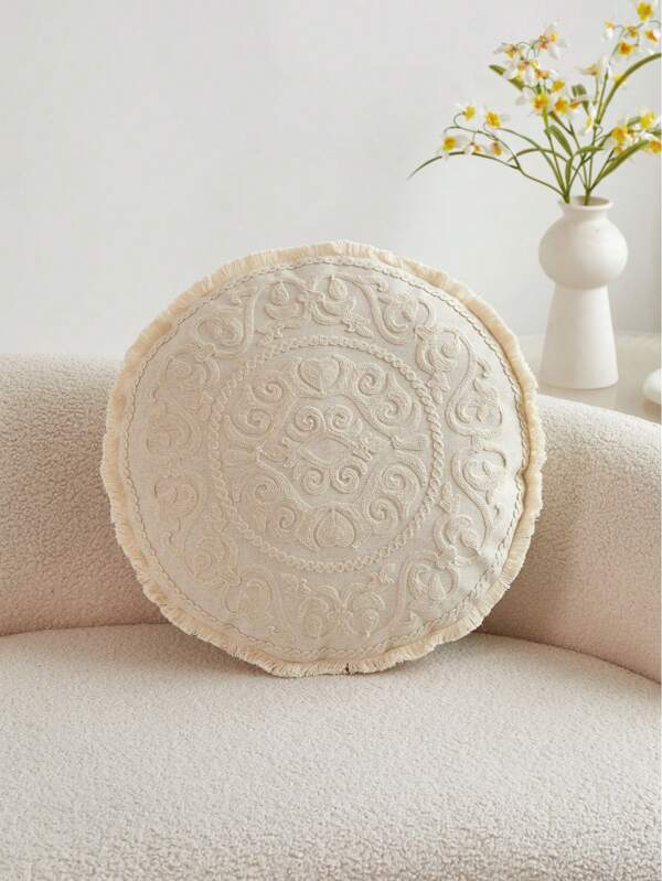 1pc Round Embroidered Floral Cushion Cover, Suitable For Indoor Decoration, Round Pillow Cover For All Seasons, Without Insert