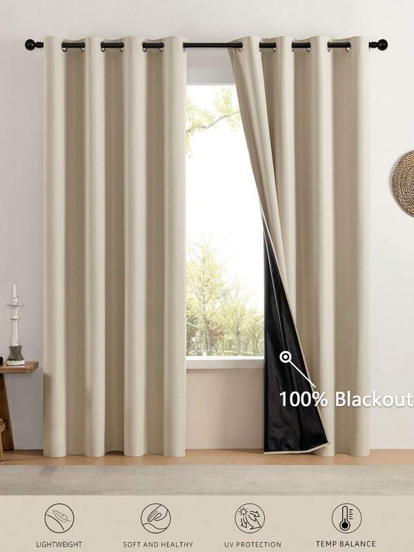 1pc Or 2pcs Blackout Curtains With Top Rings, 100% Light Blocking, Suitable For Living Room, Bedroom, Home Theater, Privacy Protection, Lightweight Black Backing, Multi-Size, Multi-Scene, Home Decor Curtains, Beige