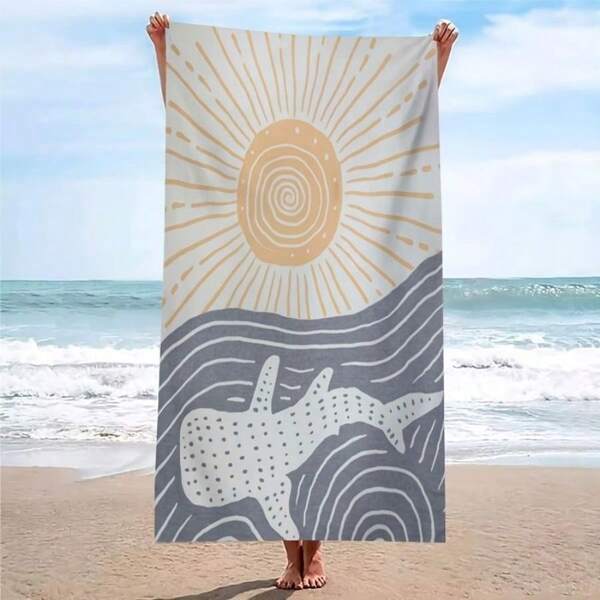 1-Pack Beach Towel - Stylized Sun And Whale Shark Graphic Beach Towel - Large Rectangular Summer Coastal Vibes With Golden Yellow Radiant Sun, Wavy Gray-Blue Sea Bands, White Spotted Whale Silhouette, Modern Illustration Art For Sandy Beach Ocean Wav