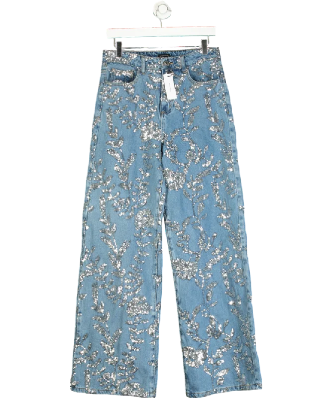 Karen Millen Blue Denim All Over Floral Sequin Wide Leg Trousers UK 10