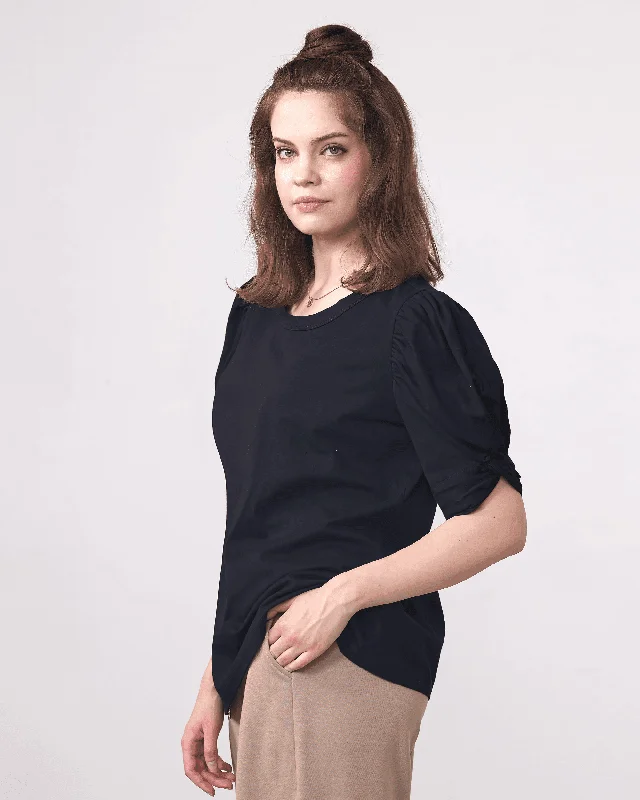 Knotted Puff Sleeve Top - Black