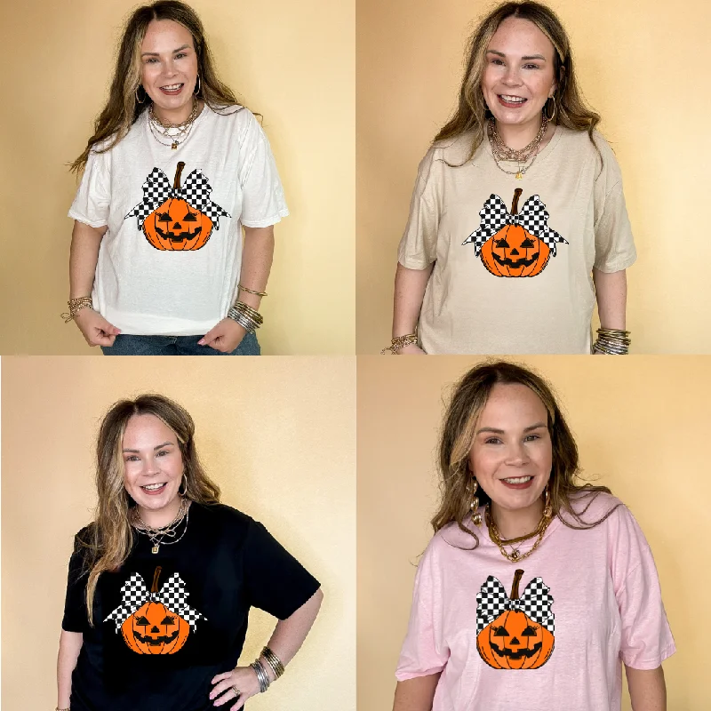 Online Exclusive | Jack-O-Lantern Pumpkin with Checkered Bow Graphic Tee in Multiple Color Options