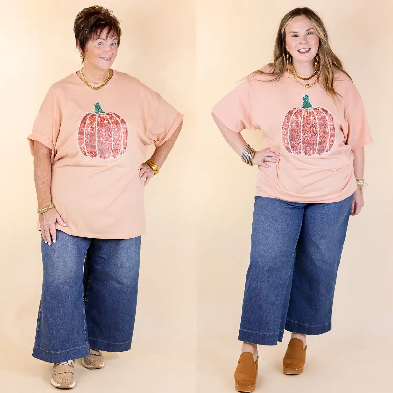 Sparkly Pumpkin Short Sleeve Faux Sequin Graphic Tee in Dusty Coral Orange