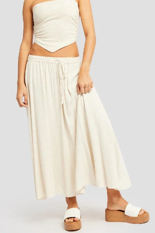 Beige Midaxi Skirt High Rise Volume Linen Blend