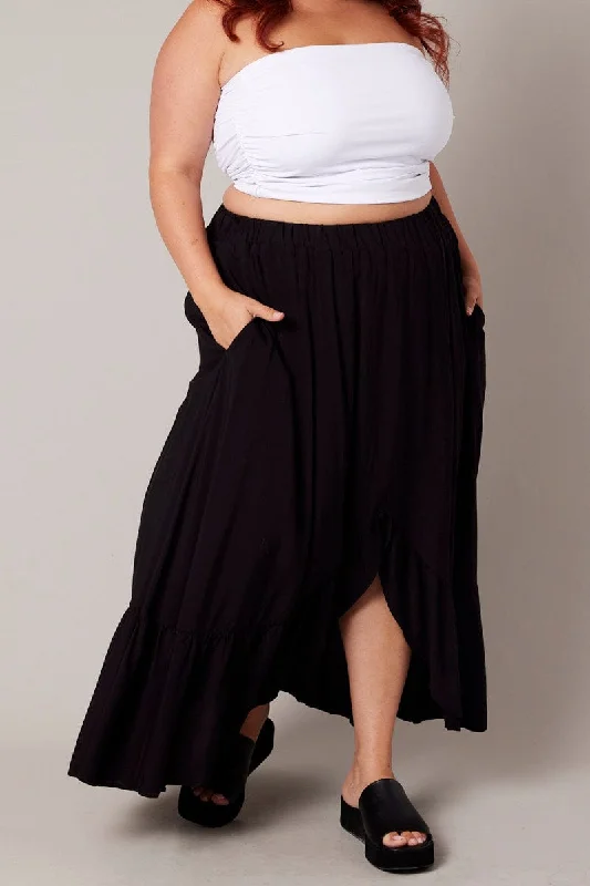 Black Frill Maxi Skirt With Pockets