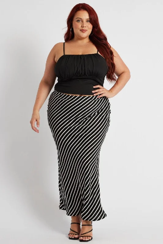 Black Stripe Bias Stripe Maxi Skirt