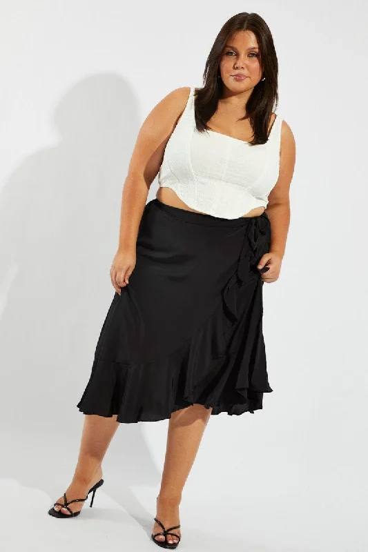 Black Wrap Frill Midi Skirt