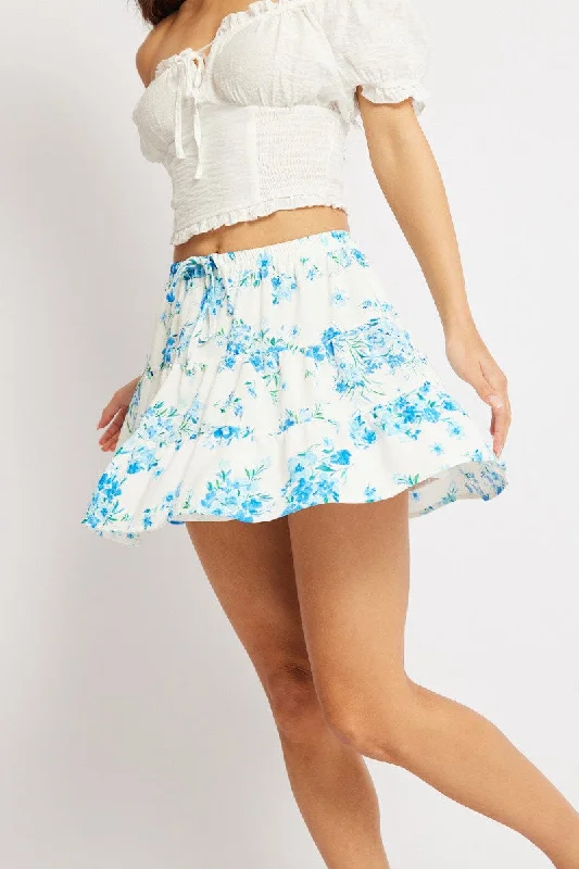 Blue Ditsy Skater Skirt High Rise Tiered Mini Lined