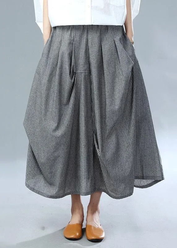 Classy Grey Cinched Wrinkled Pockets Fall Striped Skirt