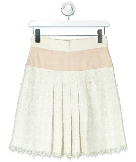 Dolce & Gabbana Cream Tweed Pleated Frayed Hem Skirt UK 8