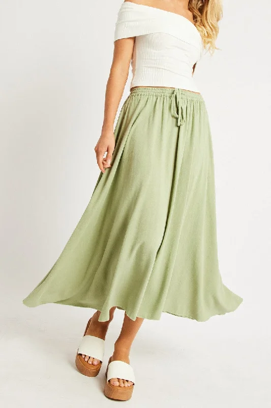 Green Midaxi Skirt High Rise Volume Linen Blend