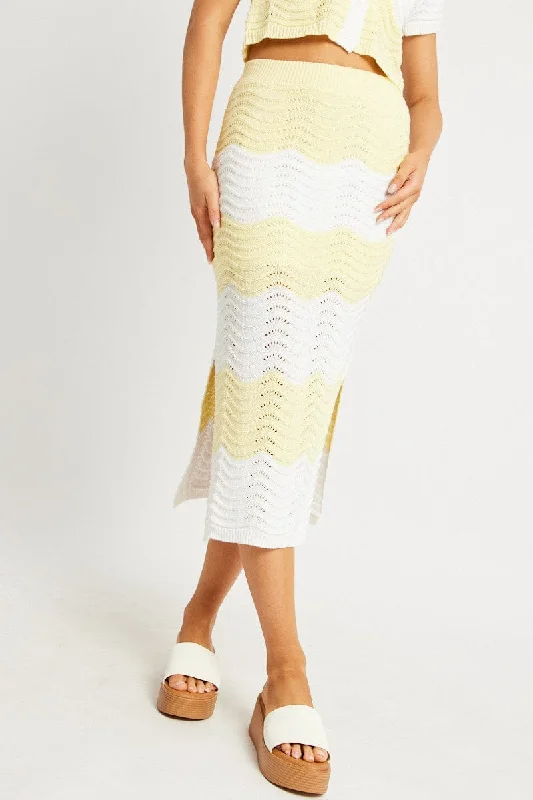 Yellow Stripe Crochet Skirt High Rise Elastic Waist Midi Lined