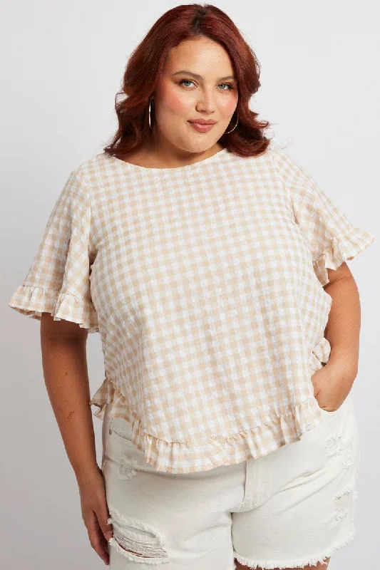 Beige Check Smock Top Short Sleeve