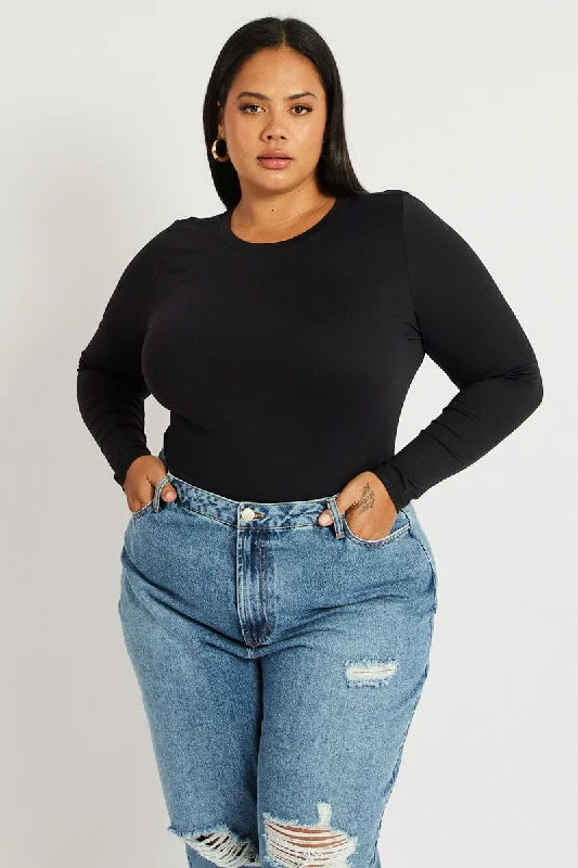 Black Bodysuit Long Sleeve Crew Neck Supersoft