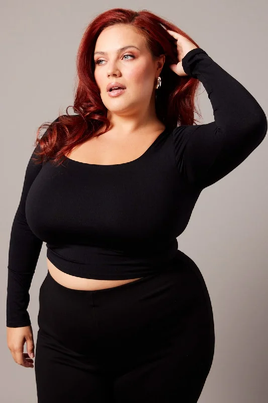 Black Top Long Sleeve Scoop Neck Seamless