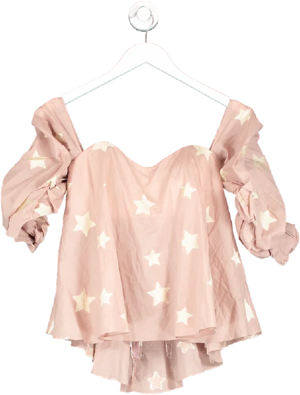 Caroline Constas Pink Off The Shoulder Gathered Sleeve Top With Metallic Stars UK XS