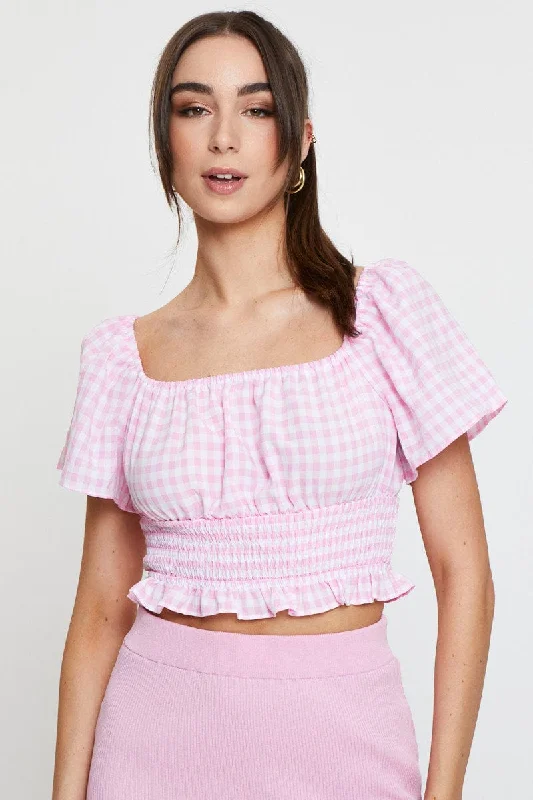 Check Crop Top Off Shoulder