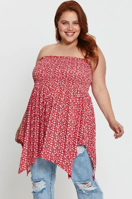 Floral Print Strapless Top Longline Asymmetric