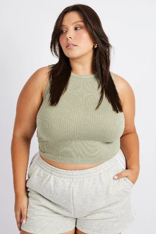 Green Tank Top Sleeveless Crew Neck Seamless