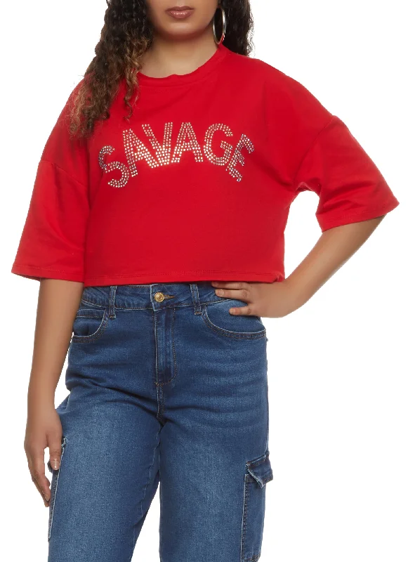 Savage Rhinestone Graphic Drop Shoulder Crop Top