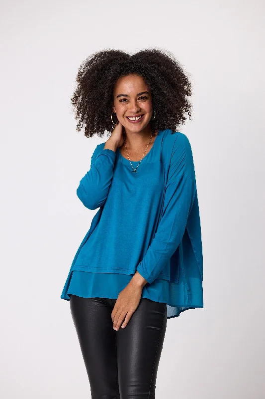 Shine On Label Remy Long Sleeve Overlay Top Teal