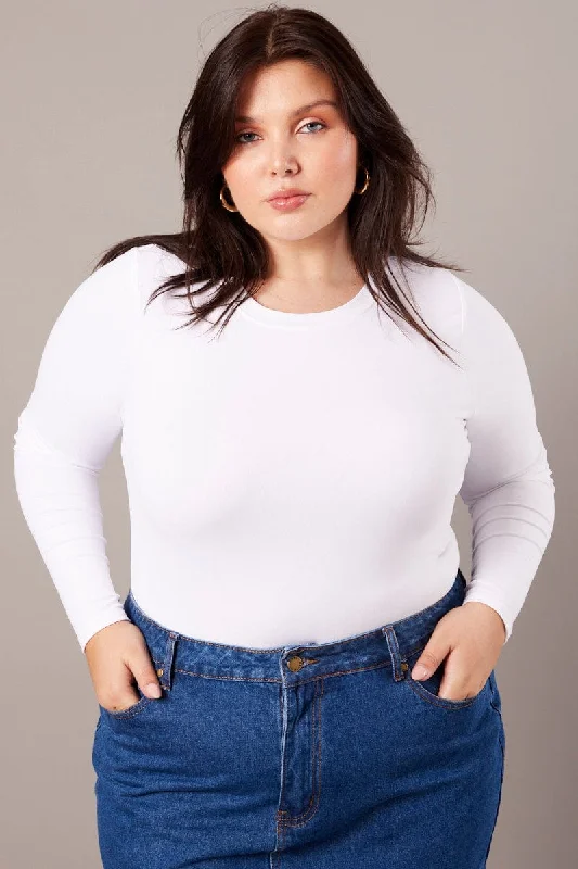 White Bodysuit Long Sleeve Crew Neck Supersoft