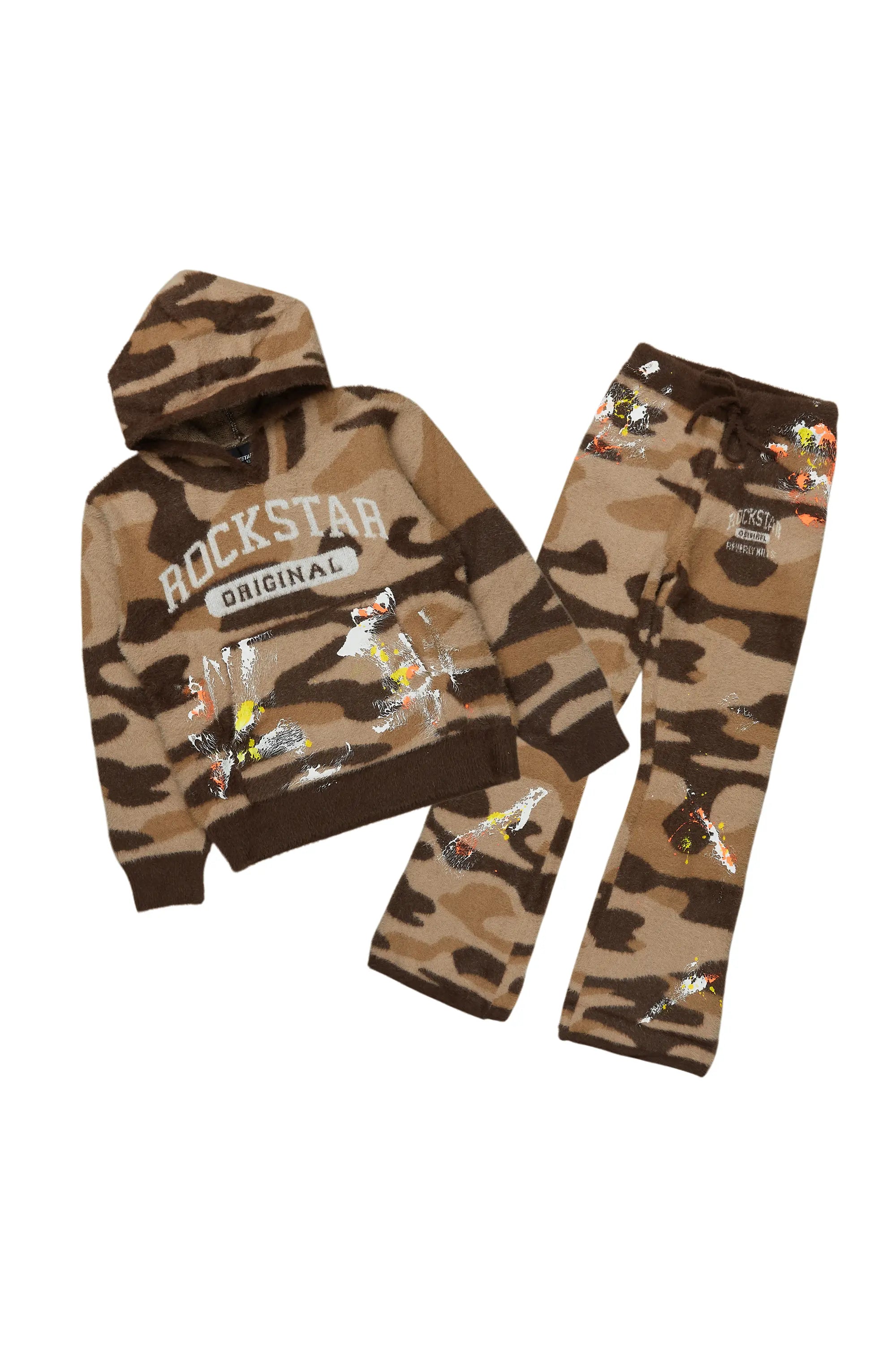 Boys Akio Camo Brown Stacked Flare Knitted Mohair Track Set