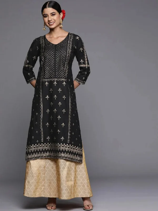 Black Printed Silk Straight Kurta