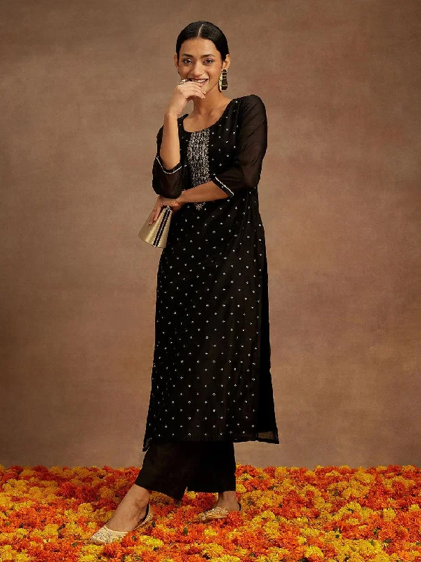 Black Woven Design Chanderi Silk Straight Kurta