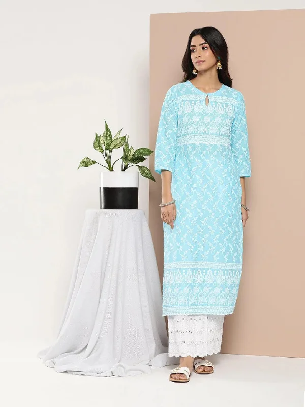 Blue Embroidered Cotton Straight Kurta