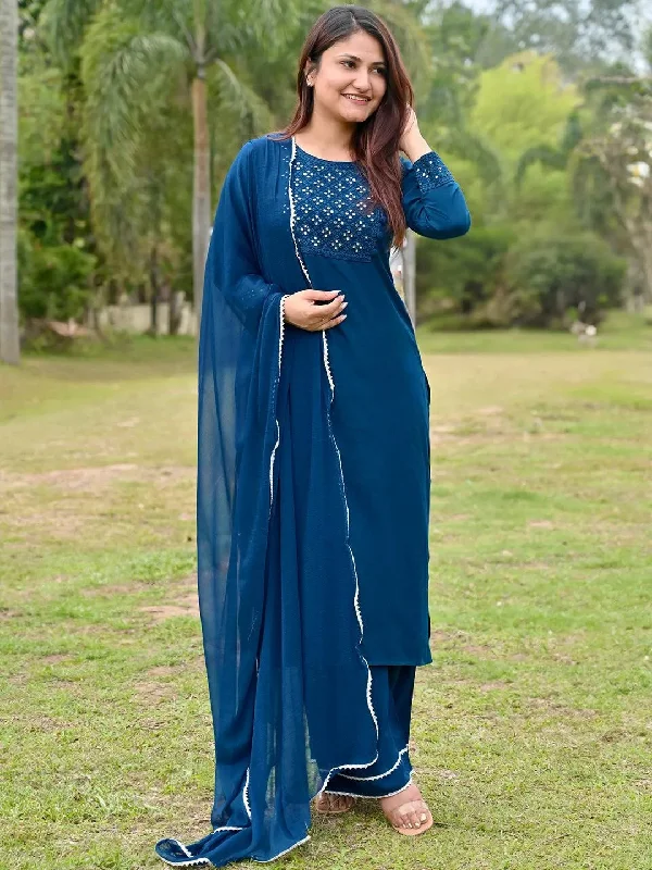 Blue Embroidered Rayon Straight Kurta With Palazzos & Dupatta