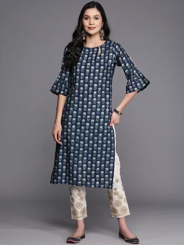 Blue Printed Silk Straight Kurta