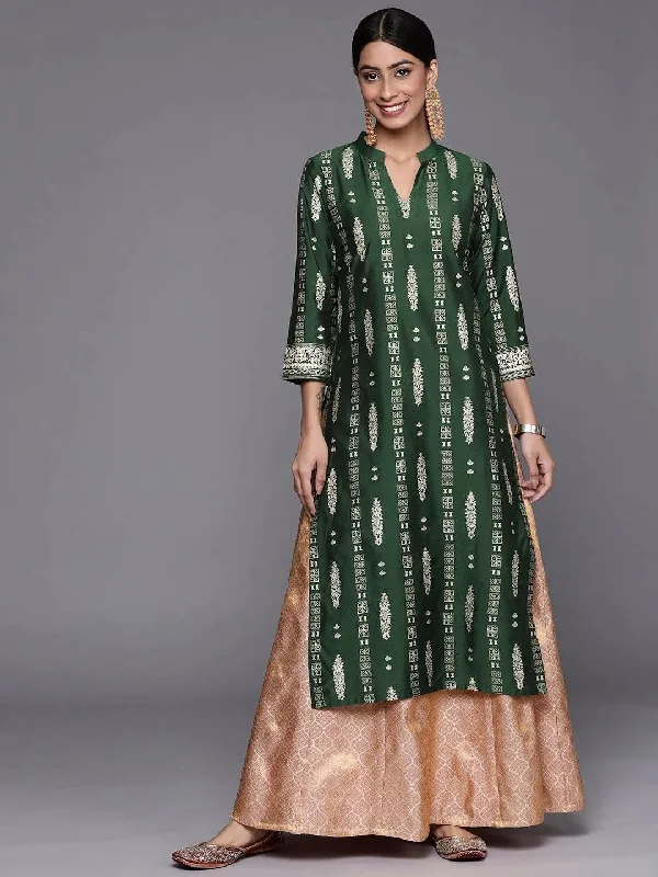 Green Printed Silk Straight Kurta