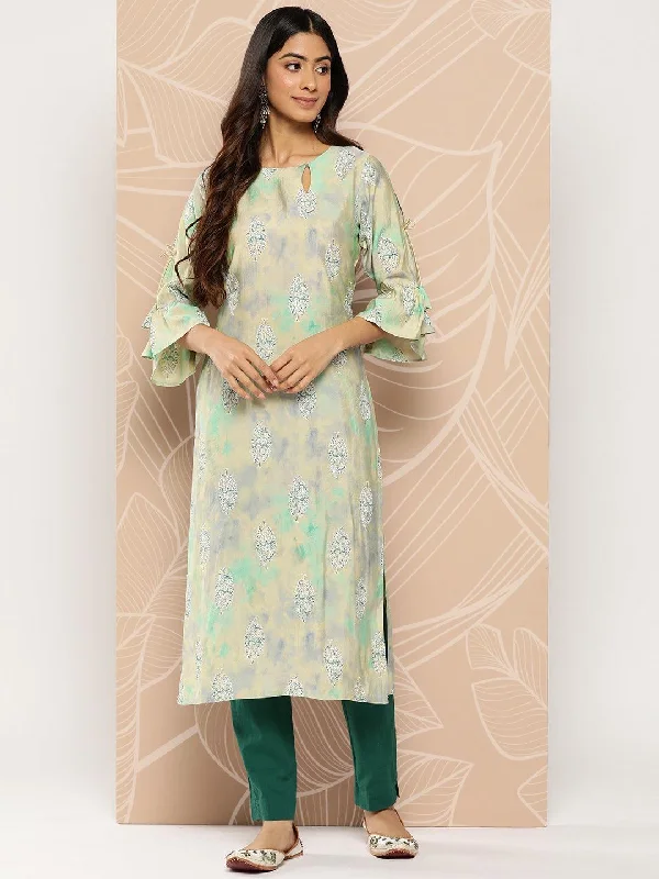 Green Printed Silk Straight Kurta