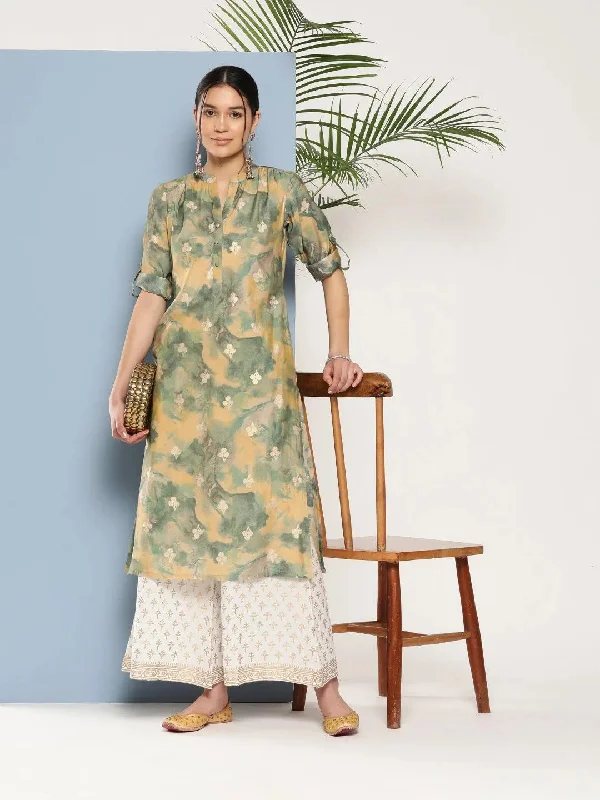 Green Printed Silk Straight Kurta