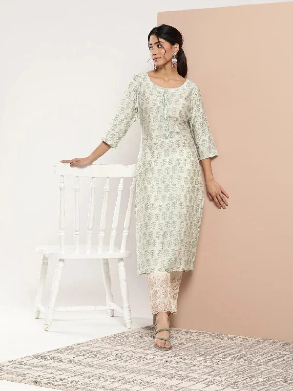 Green Printed Silk Straight Kurta