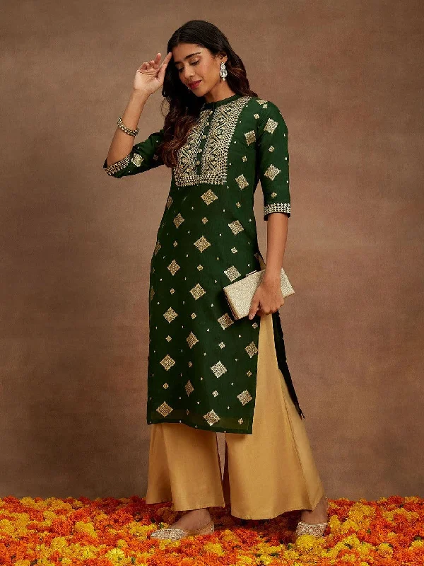 Green Woven Design Chanderi Silk Straight Kurta