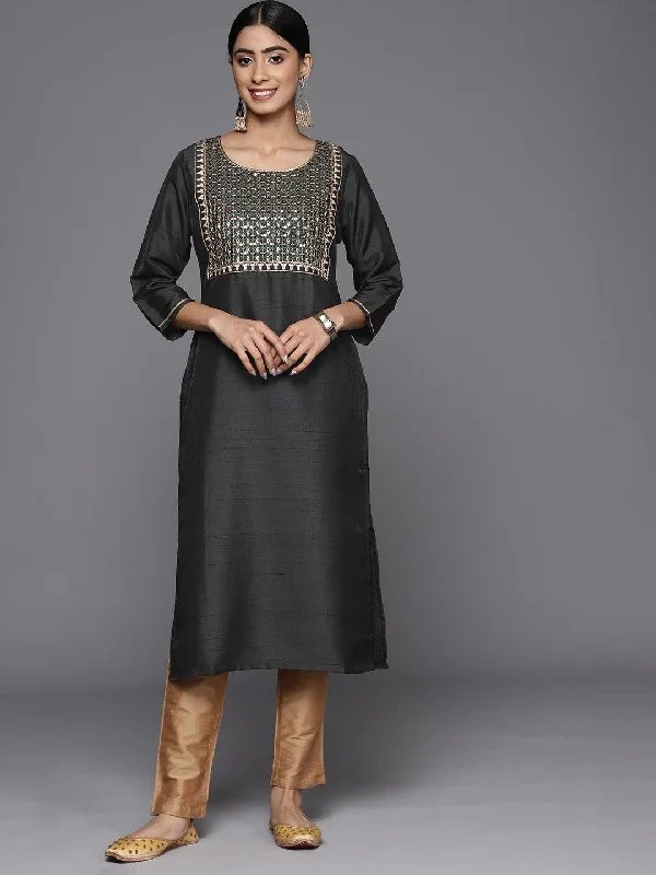 Grey Embroidered Silk Straight Kurta