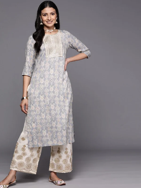 Grey Printed Rayon Straight Kurta