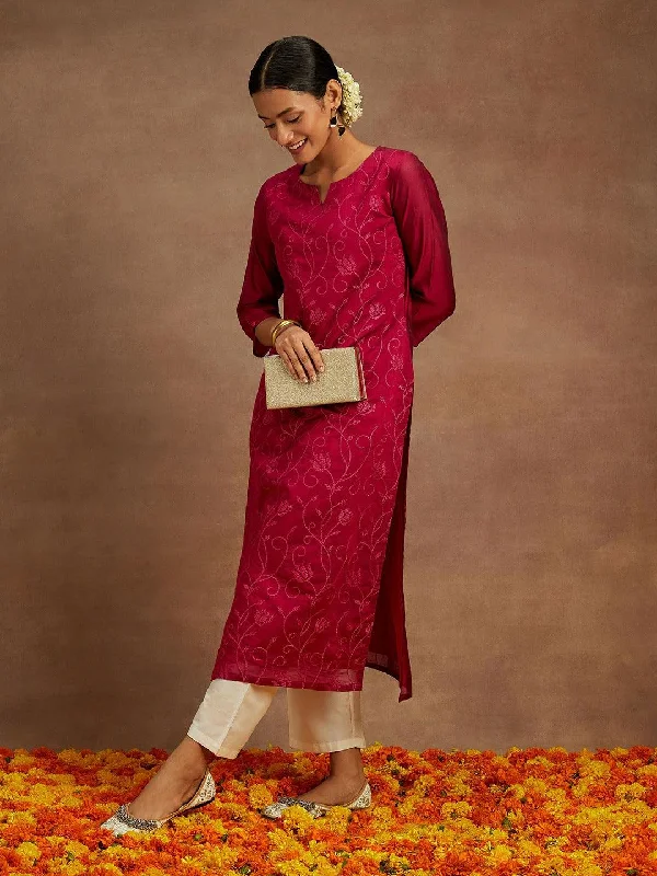 Hot Pink Embroidered Chanderi Silk Straight Kurta