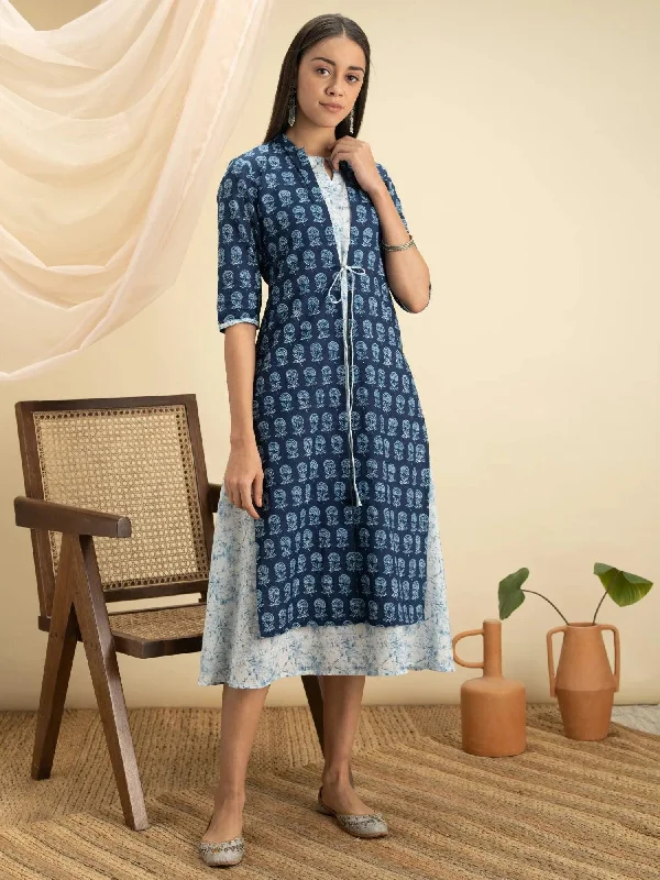 Indigo Printed Cotton Dress With Jacket