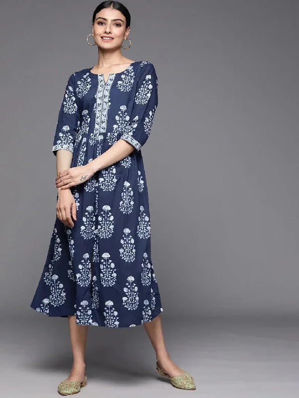 Navy Blue Printed Cotton Dress