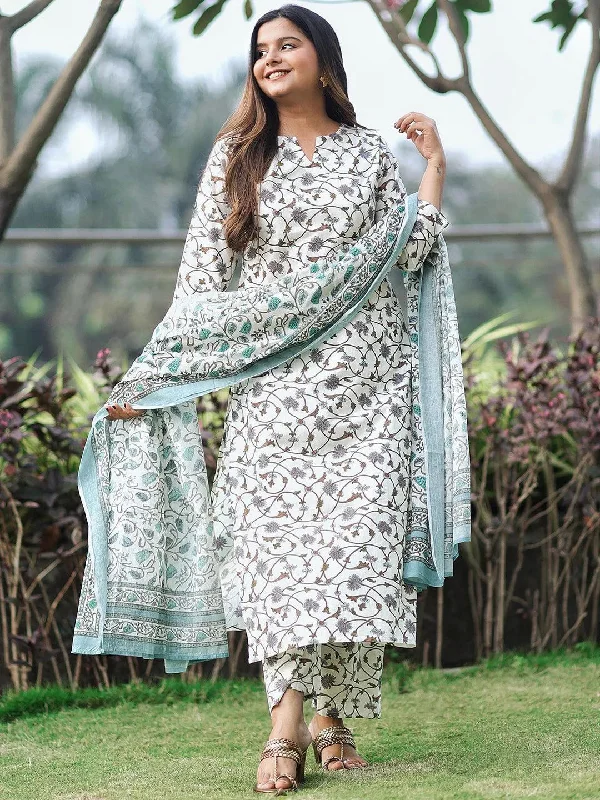 Off-White Printed Cotton Straight Kurta With Palazzos & Dupatta