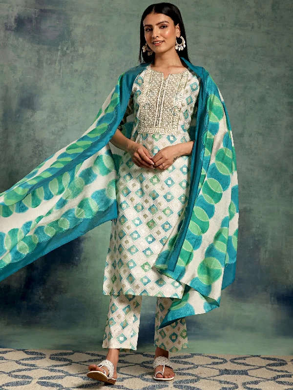 Off White Printed Silk Blend Straight Suit With Dupatta