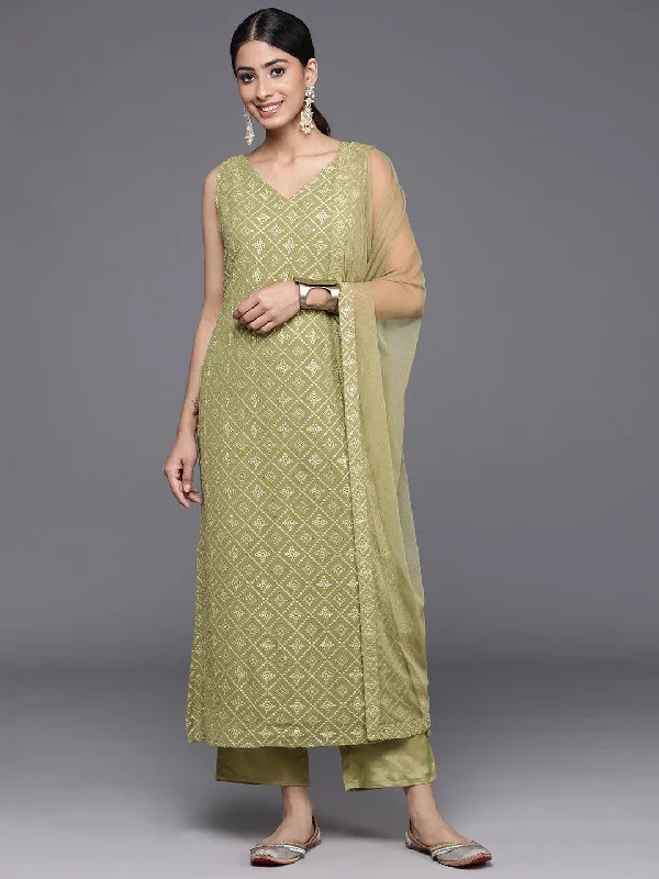 Olive Embroidered Georgette Straight Kurta With Trousers & Dupatta