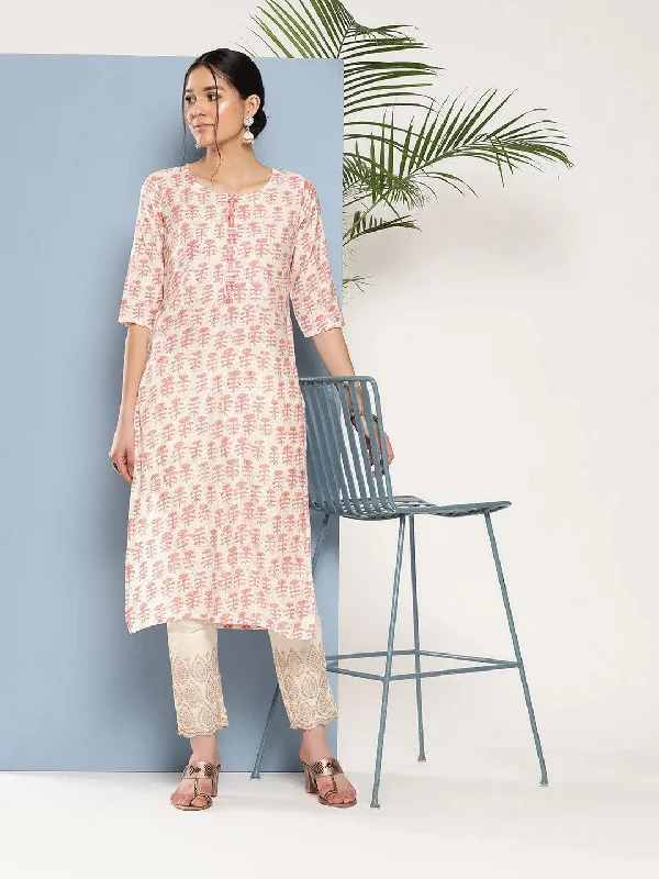 Peach Printed Silk Straight Kurta