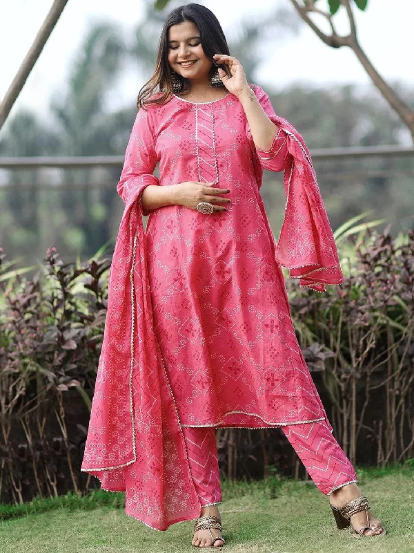 Pink Printed Cotton A-Line Kurta With Dupatta