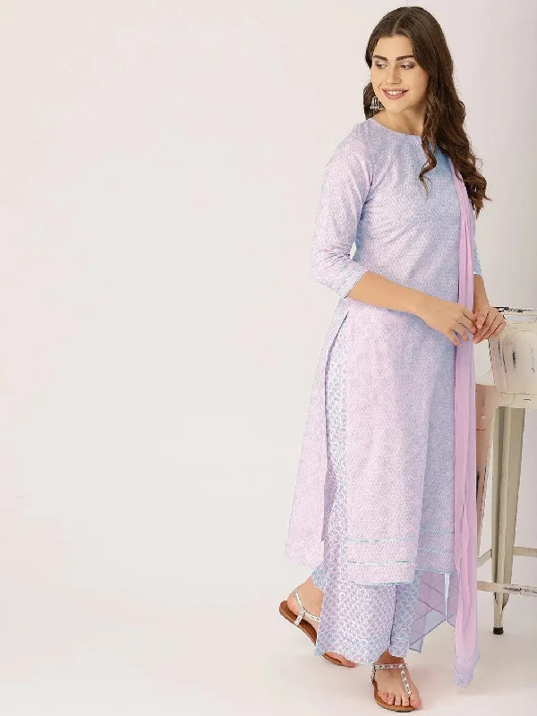 Pink Printed Cotton Straight Kurta With Palazzos & Dupatta