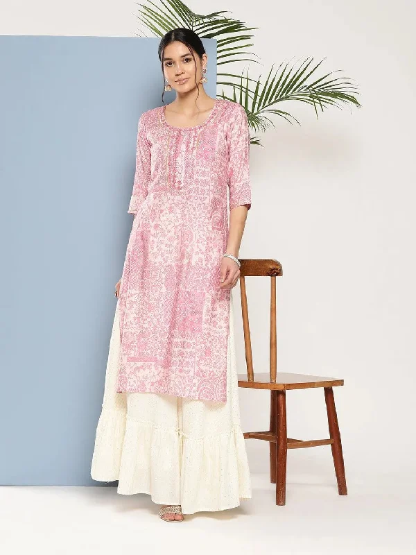 Pink Printed Silk Straight Kurta