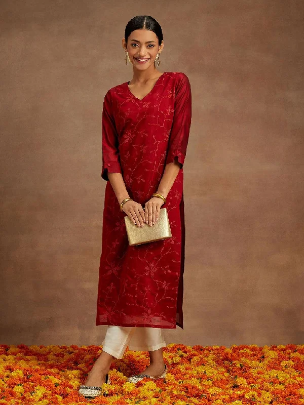 Red Embroidered Chanderi Silk Straight Kurta